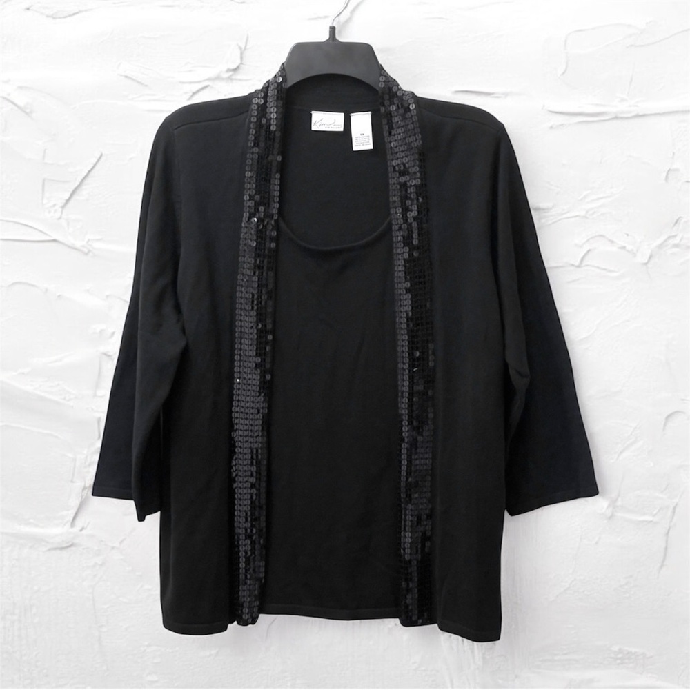 2-in-1 Black Sequin Trim Cardigan w/ Built-in Tank